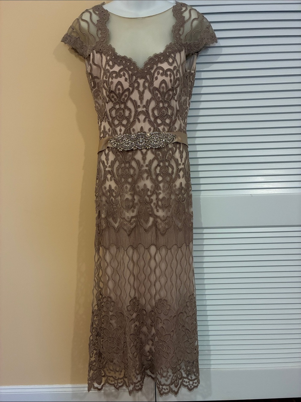 Tadashi Shoji Taupe Lace Midi Dress with Beaded Waist, size 6